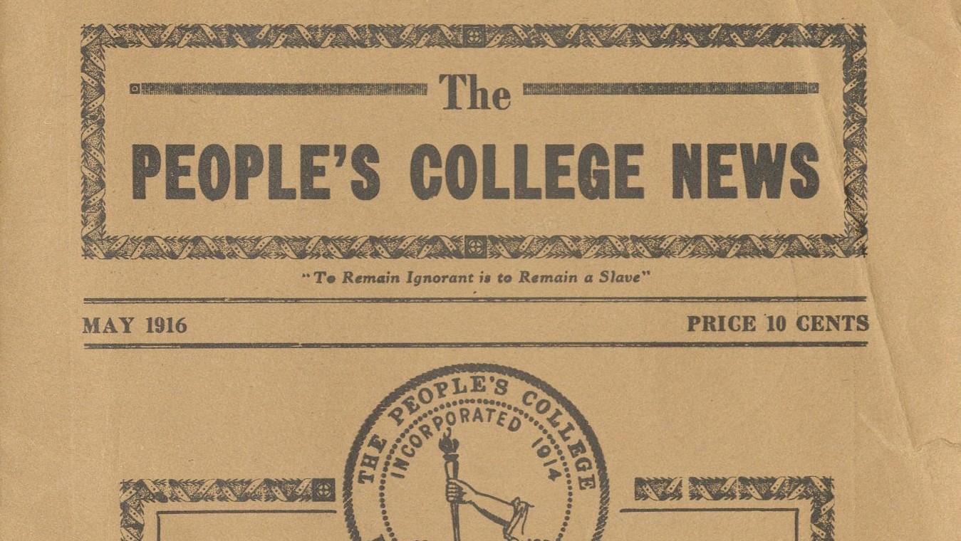 Banner of The People's College News, May 1916. Price ten cents. Black text on tan background.